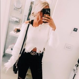 Zaful White frayed Trim Sweater